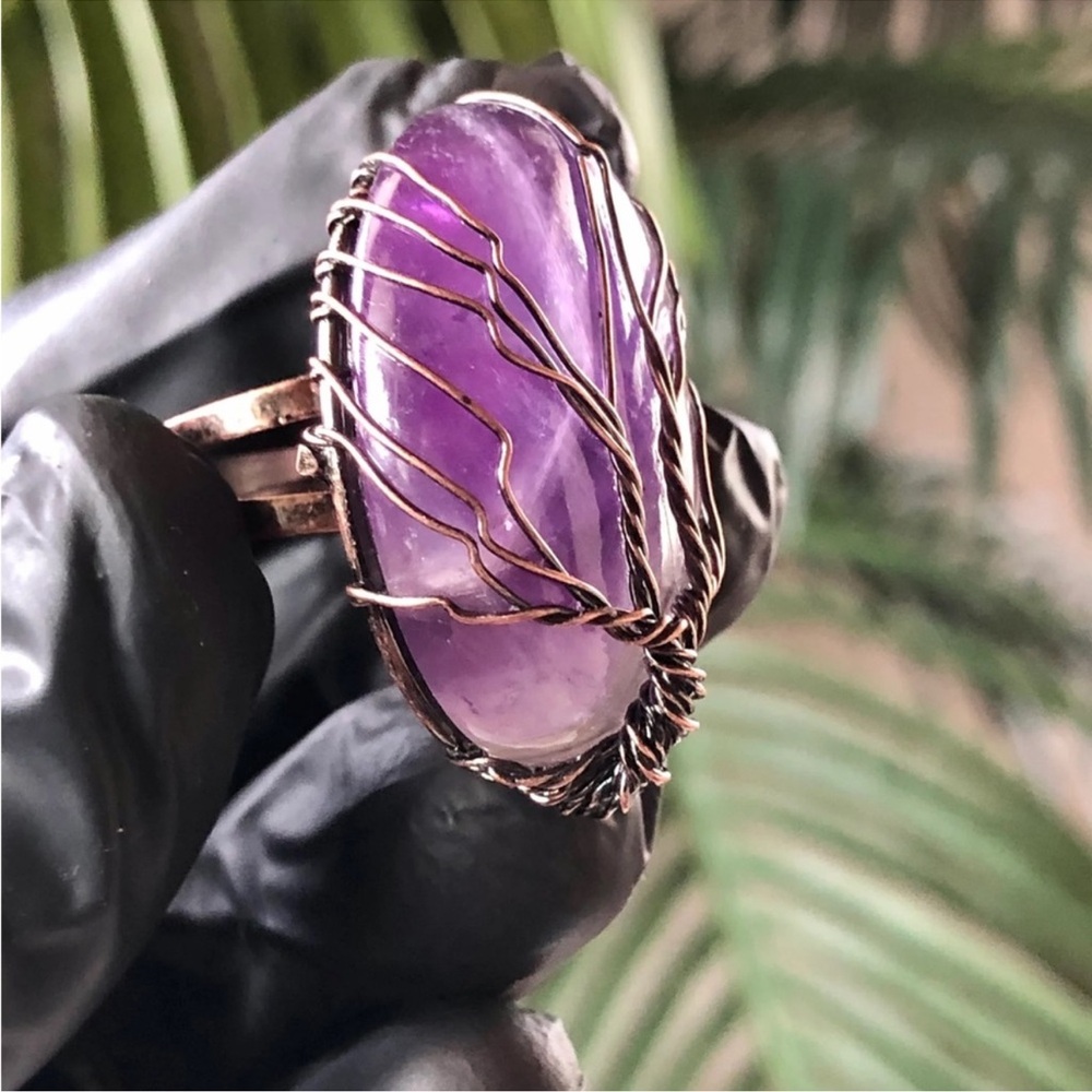AMETHYST TREE OF LIFE ADJUSTABLE BRONZE RING FESTIVAL COACHELLA CRYSTAL BOHEMIAN